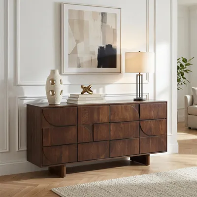 Produktbild von Sideboard MAWARI aus massivem Mangoholz, Braun - Kommode mit skulpturaler Frontgestaltung, Anrichte mit vier Türen, zwei getrennte Innenbereiche, ideal für Wohnzimmer, Flur oder Arbeitszimmer