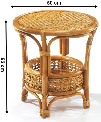 A round rattan side table with a lower shelf, shown against a white background with dimensions indicated.