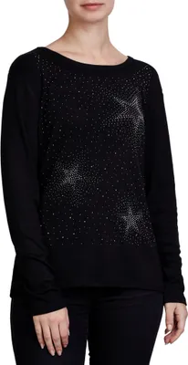 Produktbild von Damen Stern Strass Langarm-Shirt Damen Sommer Freizeit Sweatshirt Rundhals Longshirt Schwarz L/XL (40/42)