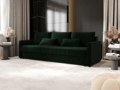 A dark green sofa is shown in a modern living room setting with decorative elements and curtains.