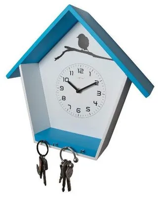 Produktbild von NexTime Holz Wanduhr mit Schlüsselbrett „Cuckey Blau“ – Hausform aus Holz
