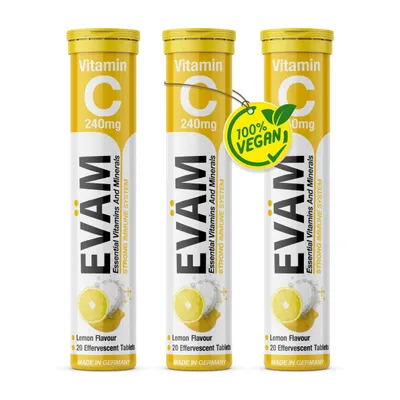 Produktbild von EVÄM Vitamin C Brausetabletten 3er Pack, Zitronengeschmack, Immunsystem & Energie, Verringerung von Müdigkeit und Ermüdung, zuckerfrei vegan