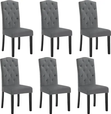 Six gray dining chairs are arranged in two rows of three against a white background.
