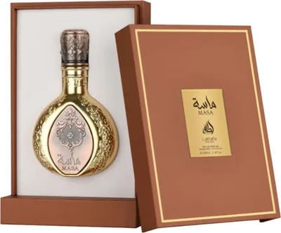 A perfume bottle and its box are displayed.