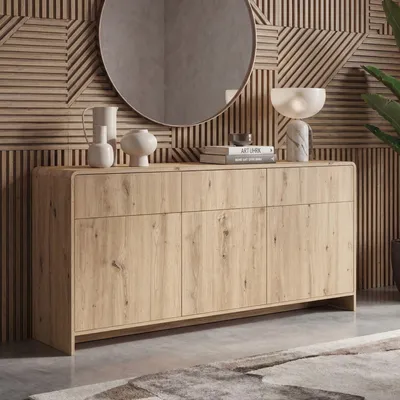 Produktbild von FineBuy Sideboard Eiche Nachbildung 155cm Kommode mit 3 Türen und 3 Schubladen Design Anrichte Grifflos Push to Open Modern