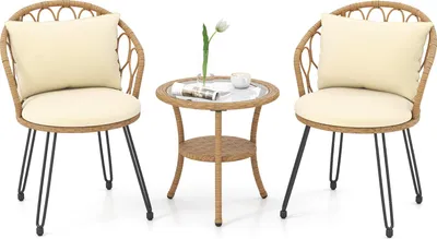 A set of patio furniture including a small table and two chairs, displayed on a white background.