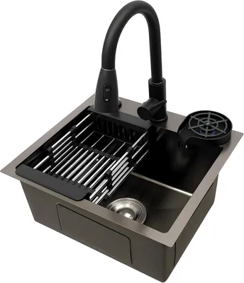 Produktbild von Schwarzes Spülbecken 45x40cm Edelstahl mit Siphon und Überlauf, Einbauspüle für die Küche