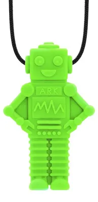 Productafbeelding van Ark Therapeutics Kaukkette sensorisch speelgoed, limoengroen, maat M. Een speelse, robotvormige kauwketting met veel textuur, ideaal voor kinderen die op zoek zijn naar sensorische stimulatie.