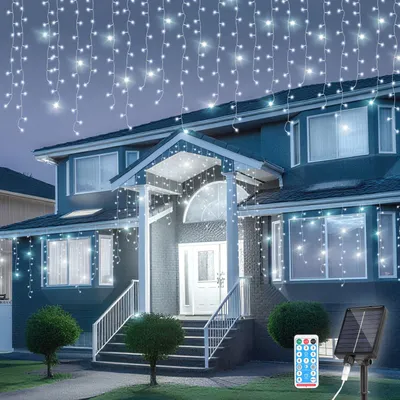 Image de Guirlande lumineuse solaire LED Eikuavons, 15 mètres, pour l'extérieur, étanche, effet "pluie de glace" avec 600 LED, rideau lumineux en forme de stalactites, avec télécommande, pour intérieur et extérieur, jardin, décoration, lumière blanche froide