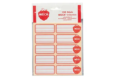 Produktbild von WECK 80812 Samolepicí etikety, rozpustné ve vodě, beze zbytků, bílá/červená (balení po 100 kusech)