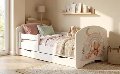 Image de Lit d'enfant 140 x 70 cm, blanc | Motif ours et lapin avec arc-en-ciel | Ensemble complet comprenant un matelas et un tiroir