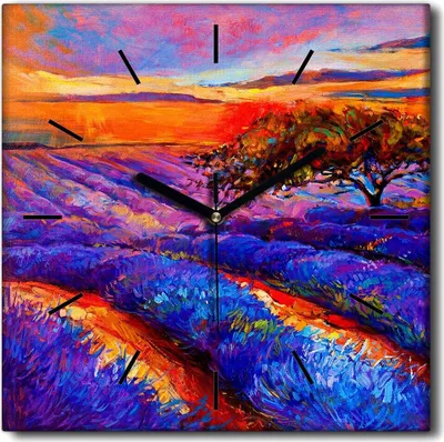 Produktbild von Coloray Uhr auf Leinwand 30x30 cm Wand Uhr Dekoration Wohnzimmer Segeltuch schwarze Hände -Lavendelwiesenlandschaft.