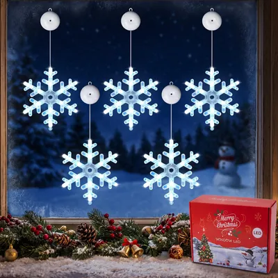 5er Set Fensterlichter Schneeflocke, 60 LED, kaltweiß, Timer