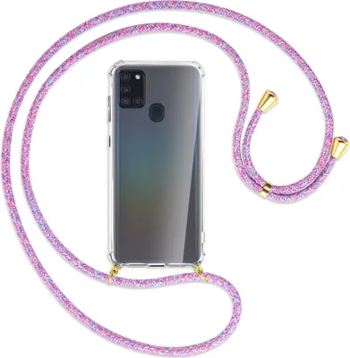Produktbild von Handykette Backcover-Schutzhülle mit Band (Metall goldfarben) für Samsung Galaxy A21s - lila/rosa/blau