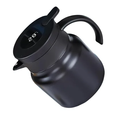 Produktbild von Schwarze 1-Liter-Thermoskanne mit großem Fassungsvermögen: Doppelwandige Kaffeekanne aus Edelstahl 316 mit herausnehmbarem Teefilter, praktischem Griff und intelligenter Temperaturanzeige, geeignet für Kaffee, Tee und Milch.