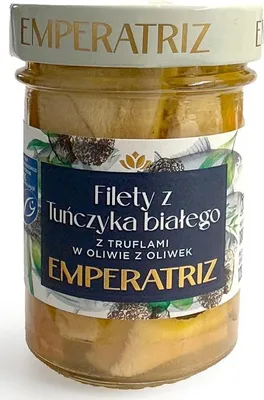 TUŃCZYK BIAŁY FILETY MSC W OLIWIE Z OLIWEK Z TRUFLĄ 180 g (120 g) (SŁOIK) - EMPERATRIZ