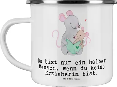Produktbild von Mr. & Mrs. Panda Emaille Tasse Erzieherin Herz - Weiß - Geschenk, Emailletasse, Witzig, Beruf, Ausbildung, Spruch, Becher, Kindergarten, Haferl, Pott, Teetasse