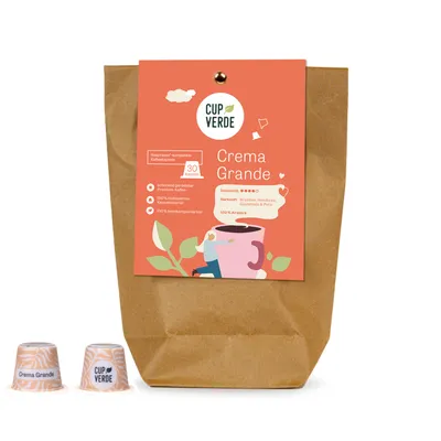 Produktbild von CUP VERDE – 30 nachhaltige Crema Grande Kaffeekapseln - kompatibel mit Nespresso* - heimkompostierbar - kräftig aromatisch - Premium Kaffee