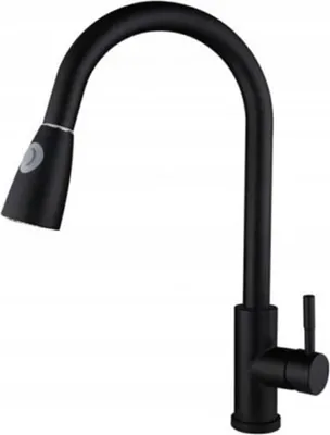A black kitchen faucet with a pull-down sprayer is shown against a white background.