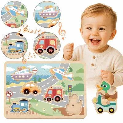 Productafbeelding van Tooky Toy Houten Interactieve Puzzelvoertuigen