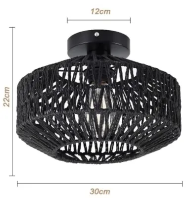 Image de Suspension bohème - Plafonnier à encastrer - Rotin tressé à la main - Douille E27 - 1 source de lumière - Sans ampoule - Noir
