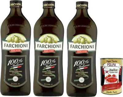 Produktbild von Farchioni Extra Vergine Olivenöl 100% Italiano, 1 Liter, 3er Pack, mit Italian Gourmet polpa 400g
