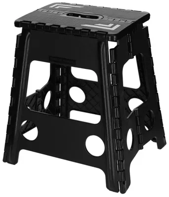 A black folding step stool against a white background.