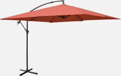 A square cantilever umbrella with a terracotta canopy and a gray metal pole and base, shown against a white background.