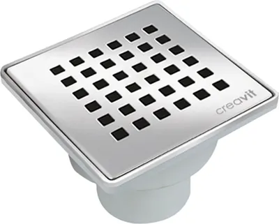 A square stainless steel drain cover with a grid of black square holes, attached to a white plastic drain body.
