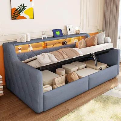 Produktbild von Merax Tagesbett Daybett 90x200cm, mit LED-Lichtleiste, Hydraulischem Stauraum, USB Und Type-C Anschluss, Sofabett, Leinen Polsterbett, Grau