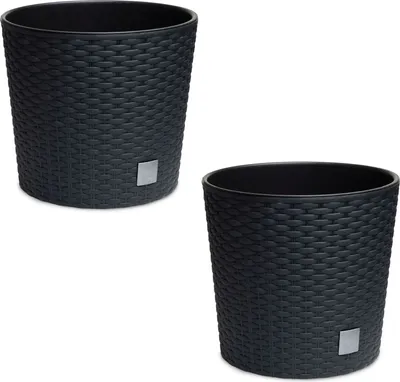 Two black rattan-style plant pots are shown against a white background.