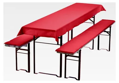 Produktbild von Auflagenset für Bierzeltgarnitur mit Biertischdecke 240 x 90 cm (für 220 x 70 cm Biertische) + 2 gepolsterte Bierbankauflagen 220 x 25 cm, Farbe: Rot
