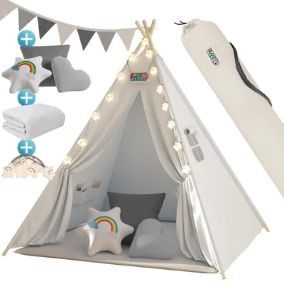 Image de Spielwerk Tipi Enfant Beige avec Coussins & Guirlande Lumineuse