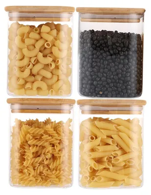 Zdjęcie produktu dla Omgoods - Pojemnik do przechowywania 850 ml - Zestaw 4 sztuk - Kwadratowe szklane pojemniki - Hermetyczne - Z drewnianą pokrywką - Możliwość układania w stos - Pojemnik do przechowywania