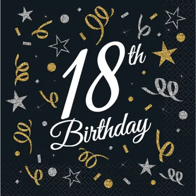 Zdjęcie produktu dla Serwetki urodzinowe 18th Birthday czarne, 33 cm 20 sztuk