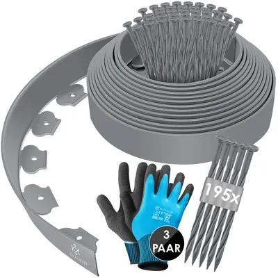 Produktbild von KESSER® Flexible Rasenkante aus Kunststoff Länge 10m Höhe 5cm, mit 50 Erdanker + Handschuhe, Beeteinfassung Beetumrandung Beetbegrenzung Mähkante Pflastersteine Palisade