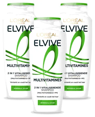 Immagine prodotto di 3 confezioni di shampoo 2-in-1 L'Oréal Paris Elvive Multivitamines, 250 ml ciascuna, confezione