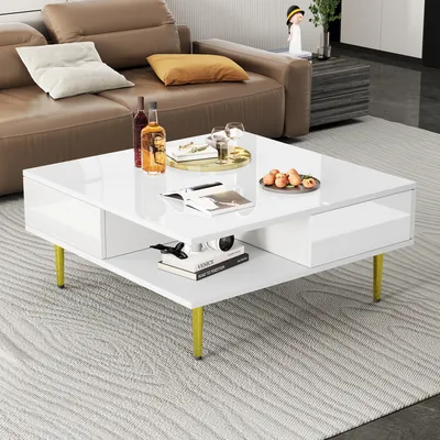 Produktbild von STILVORA Couchtisch mit 2 Schubladen,Wohnzimmertisch Sofatisch mit 2 offenen Fächern,Kaffeetisch Hochglanz mit goldfarbenen Beinen,Weiß