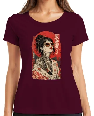 Productafbeelding van Cyberpunk, Japanse tatoeage, kimono, Tokyo, Japan, Y2K, anime, manga, dames T-shirt, bordeauxrood, maat S