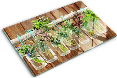 Produktbild von Tulup Glas Herdabdeckplatte - 80x52 cm - Glaskeramikkochfeld-Abdeckung Spritzschutz Glasabdeckplatte - Einteilig - Blumen & Pflanzen - Kräuter in Gläsern - Grün