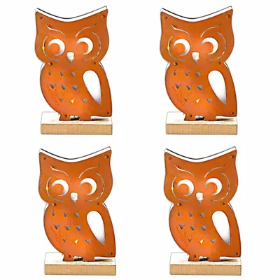 Produktbild von 4er Set LED Eule 18 cm Motivleuchte Leuchte Holz Beleuchtung Dekoration Metall Dekoleuchte Holzdeko Batteriebetrieb
