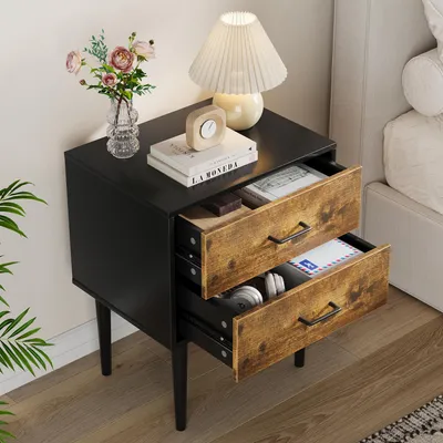 Produktbild von STILVORA Nachttisch mit zwei Schubladen im Retro-Design, Beistelltisch im Industriestil, Wohnzimmertisch im Vintage-Braun