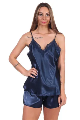 Produktbild von Damen Satin Nachtwäsche Pyjama Set Shorty mit Spitze; Dunkelblau/L