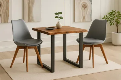 Produktbild von 3 TLG. Essgruppe Josy | Esstisch mit 2 Stühlen | 80x80 cm mit Baumkante | Holz Nussbaum-Optik | 40 mm Platte | U-Gestell Schwarz | 2X Schalenstuhl Grau + Gestell in Nussbaumfarben