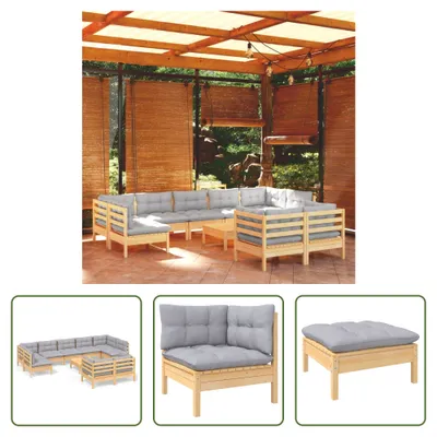 Produktbild von The Living Store 10-tlg. Garten-Lounge-Set mit Grauen Kissen Kiefer Massivholz