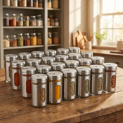 Produktbild von Edler Gewürzstreuer Edelstahl mit Sichtfenster im 24er-Set, 94ml Vorratsdose für Gewürze Kräuter Salz Pfeffer Streuer mit 3 verstellbaren Lochgrössen