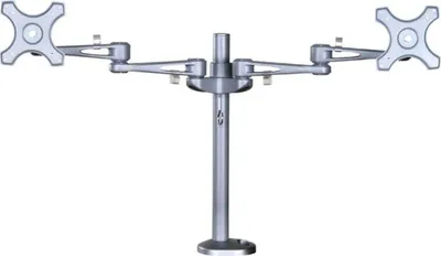 Produktbild von Die NewStar Tischhalterung, das Modell FPMA-D935DG, ist ein Neig-, Schwenk- und drehbare Tischhalterung für zwei Flachbildschirme bis 26" (65 cm). - Bildschirmgröße: 25,4 cm (10 Zoll) bis 68,6 cm (27 Zoll) - max. 12 kg Traglast - Silber