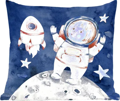 Produktbild von MuchoWow® Zierkissen Sofakissen Wohnzimmer Dekokissen 50x50 cm Weltraum - Rakete - Mond - Jungen - Mädchen - Kinder - Komfort - Sofakissen