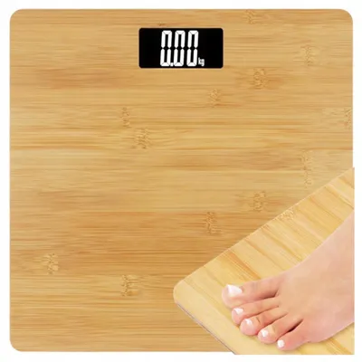 Zdjęcie produktu dla Waga cyfrowa bambus do 180 kg z LCD, funkcją foot tap, sygnalizacją przeciążenia i kompaktowym rozmiarem