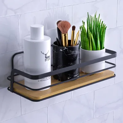 Image de Étagère de douche sans perçage, noire, panier de douche, étagère de salle de bain, autocollante, panier de douche, rangement de douche, étagères murales pour la salle de bain et le salon – en bambou et en métal